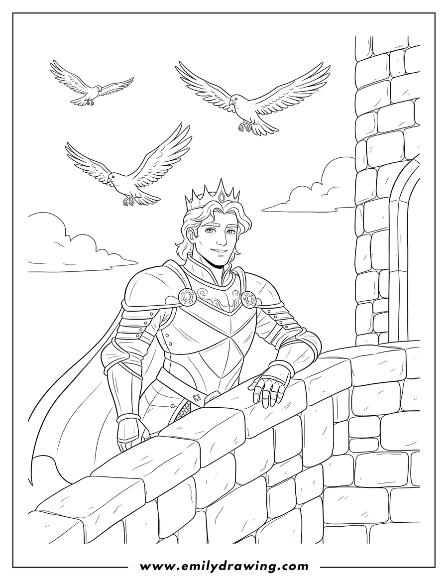 Free to print drawing of A fantasy prince in armor leaning on a castle balcony with birds flying