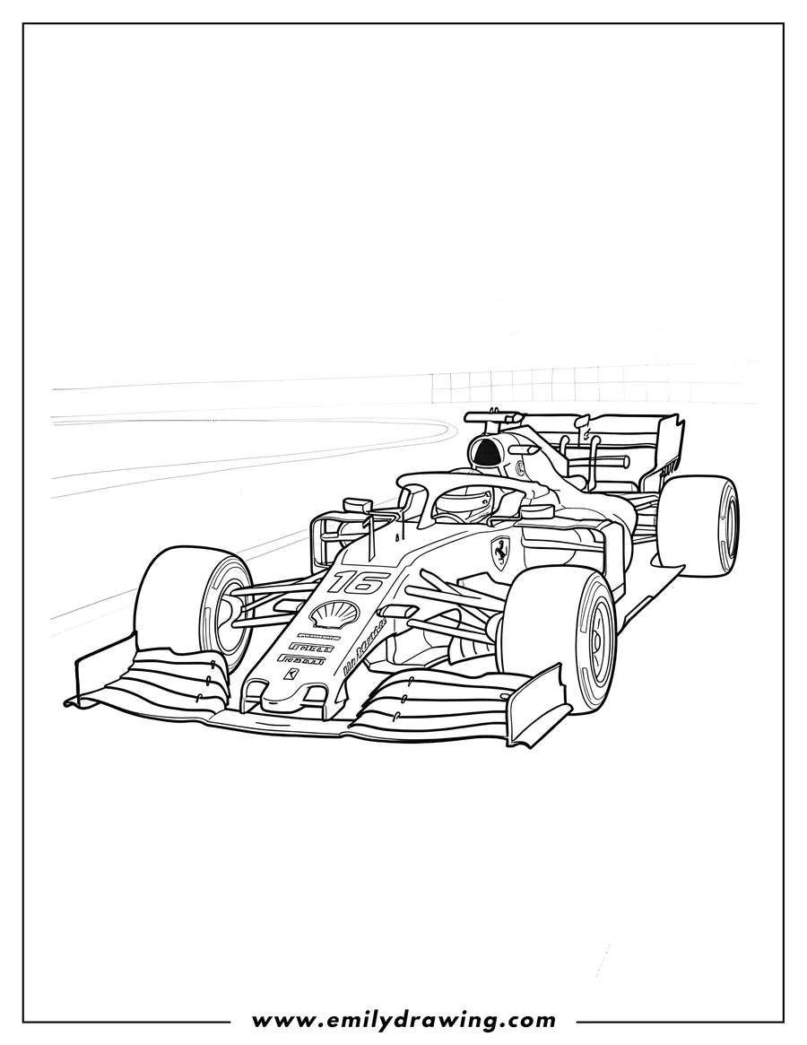Clean line drawing: ferrari F1 racing car coloring page