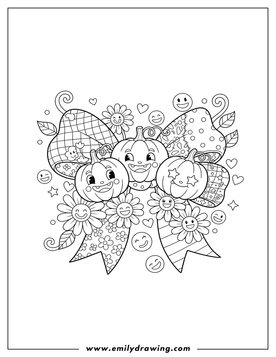 Coloring page for kids: festive Harvest Patchwork Bow with Pumpkin, Daisies, and Smiley Faces
