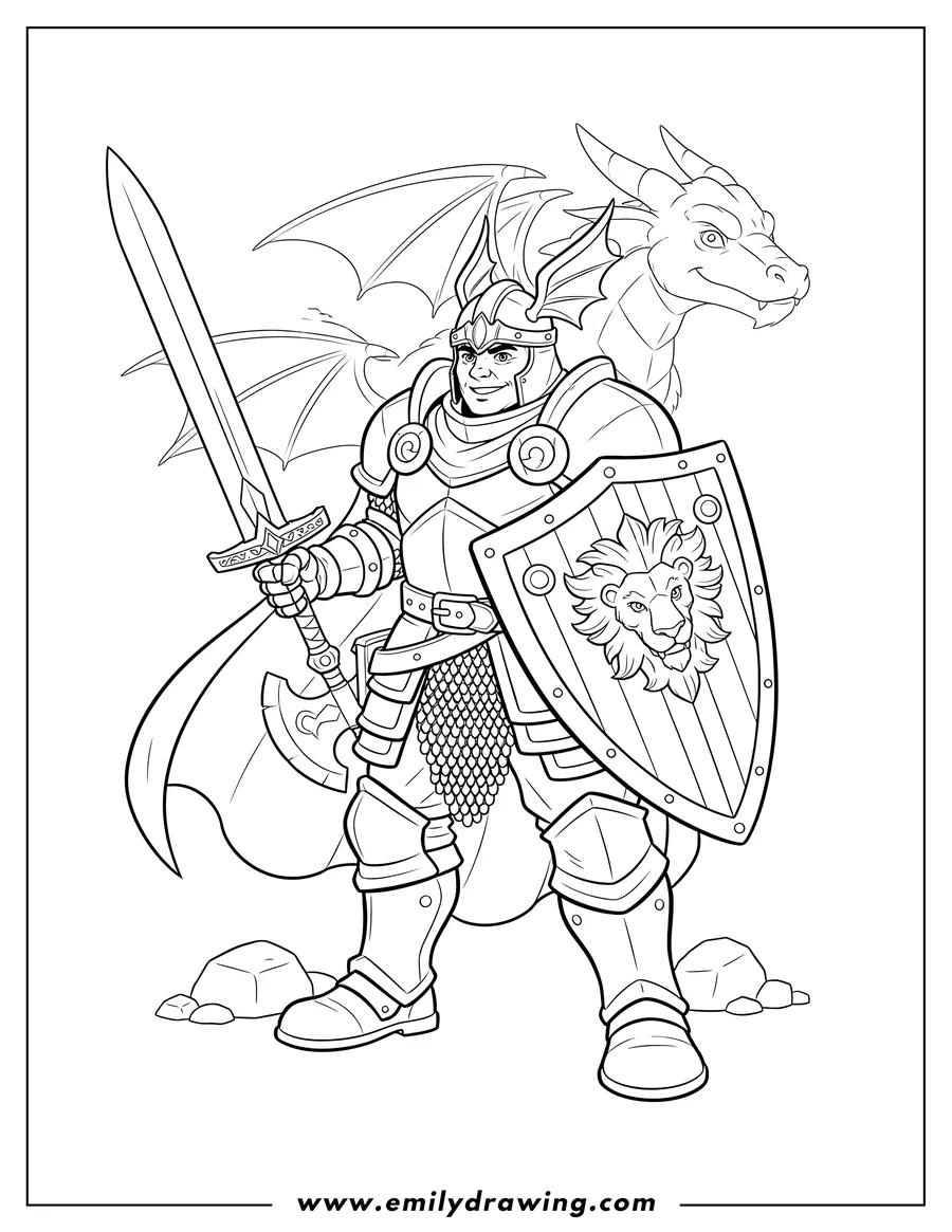 Printable coloring page of dungeons And Dragons Fighter Full Gear, armed with a sword, shield, and axe