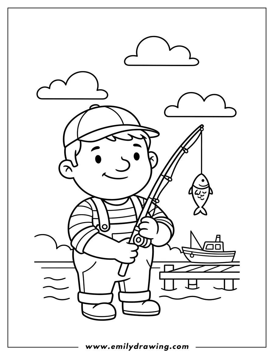 Linear illustration of simple Fisherman Community Helper, smiling and holding a fishing rod