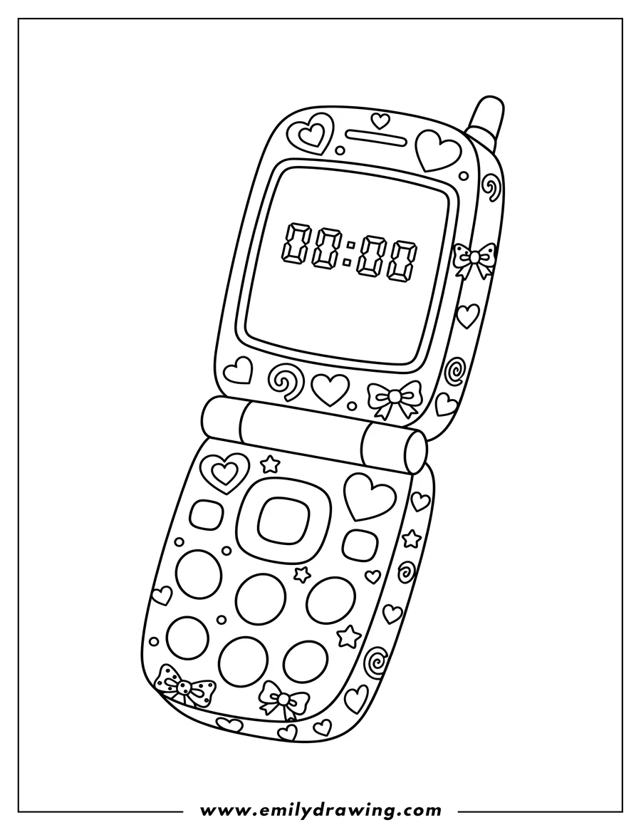 Printable coloring page of simple Flip Phone With Cute Design, open, showing 00:00 on its screen, and decorated with hearts and bows