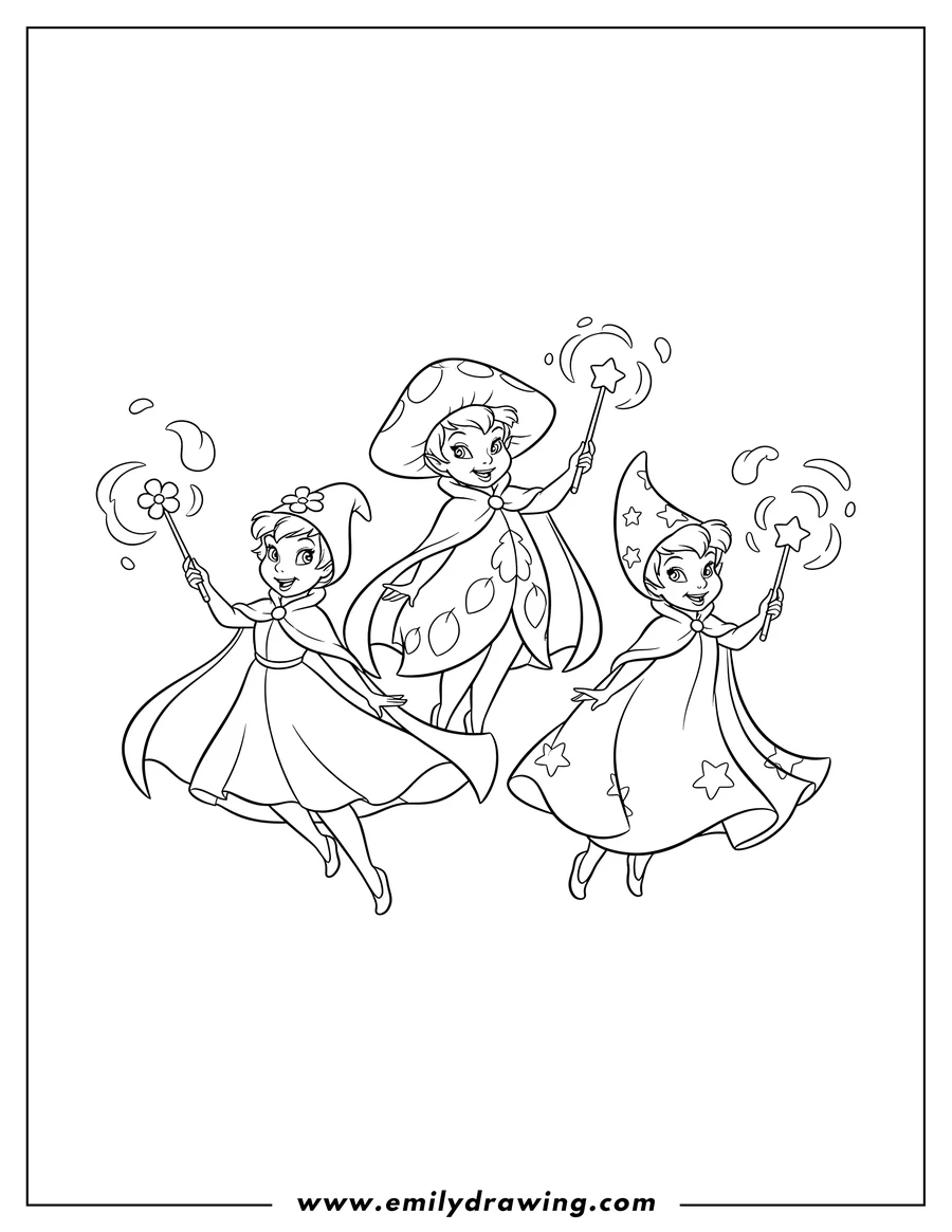 Linear illustration of flora Fauna and Merryweather fairies wearing hats and capes, holding magic wands