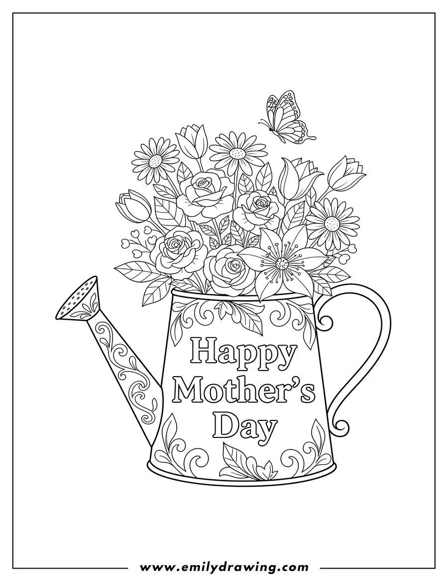 Clean line drawing: flower Watering Can Mother S Day, with a floral bouquet inside, a butterfly, and Happy Mother's Day text on the can