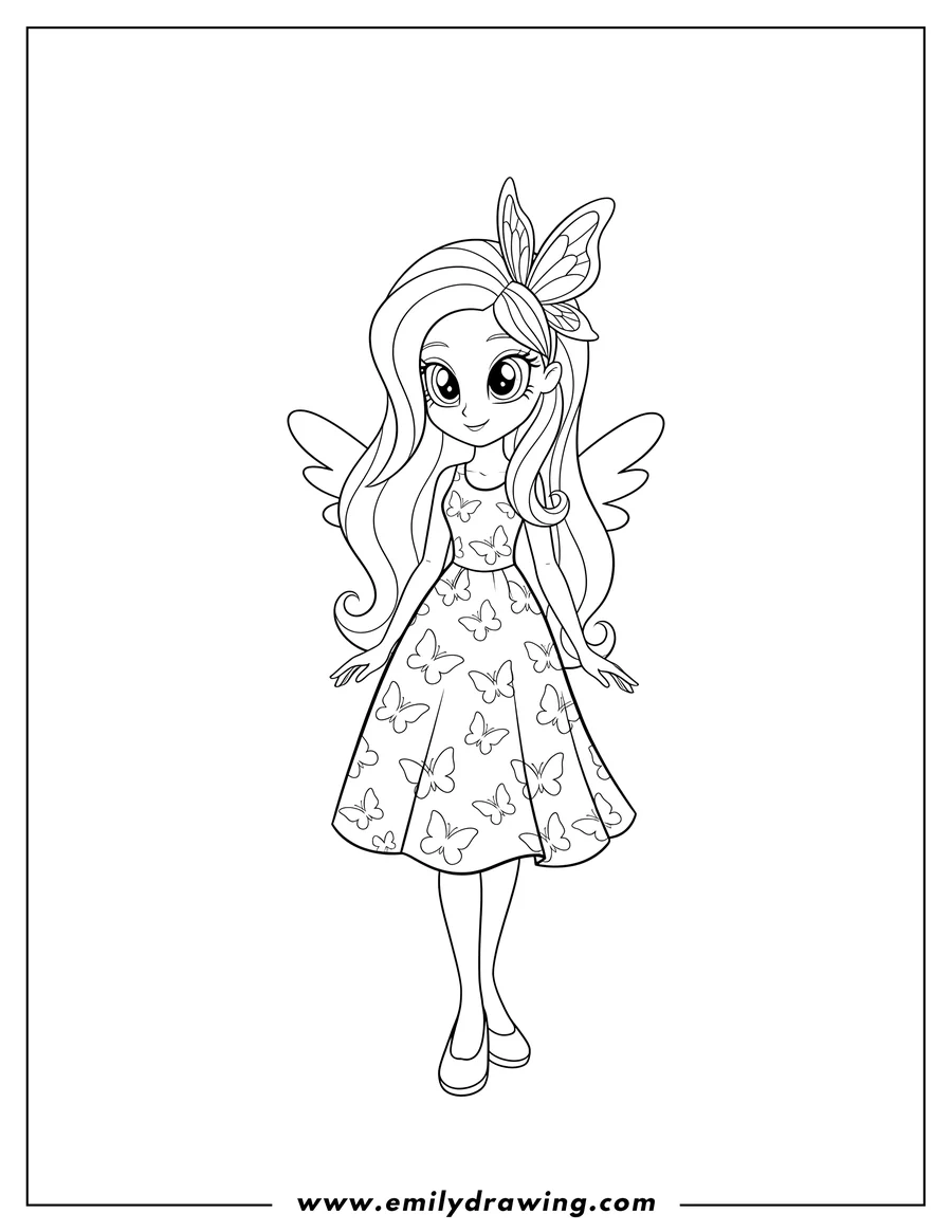 High quality printable simple Fluttershy Equestria Girls standing, wearing a dress with butterflies, and a butterfly in her hair for coloring