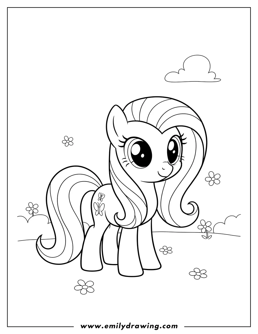 Free printable coloring sheet of simple Fluttershy Preschoolers, with big eyes, wavy mane and tail, and her butterfly cutie mark