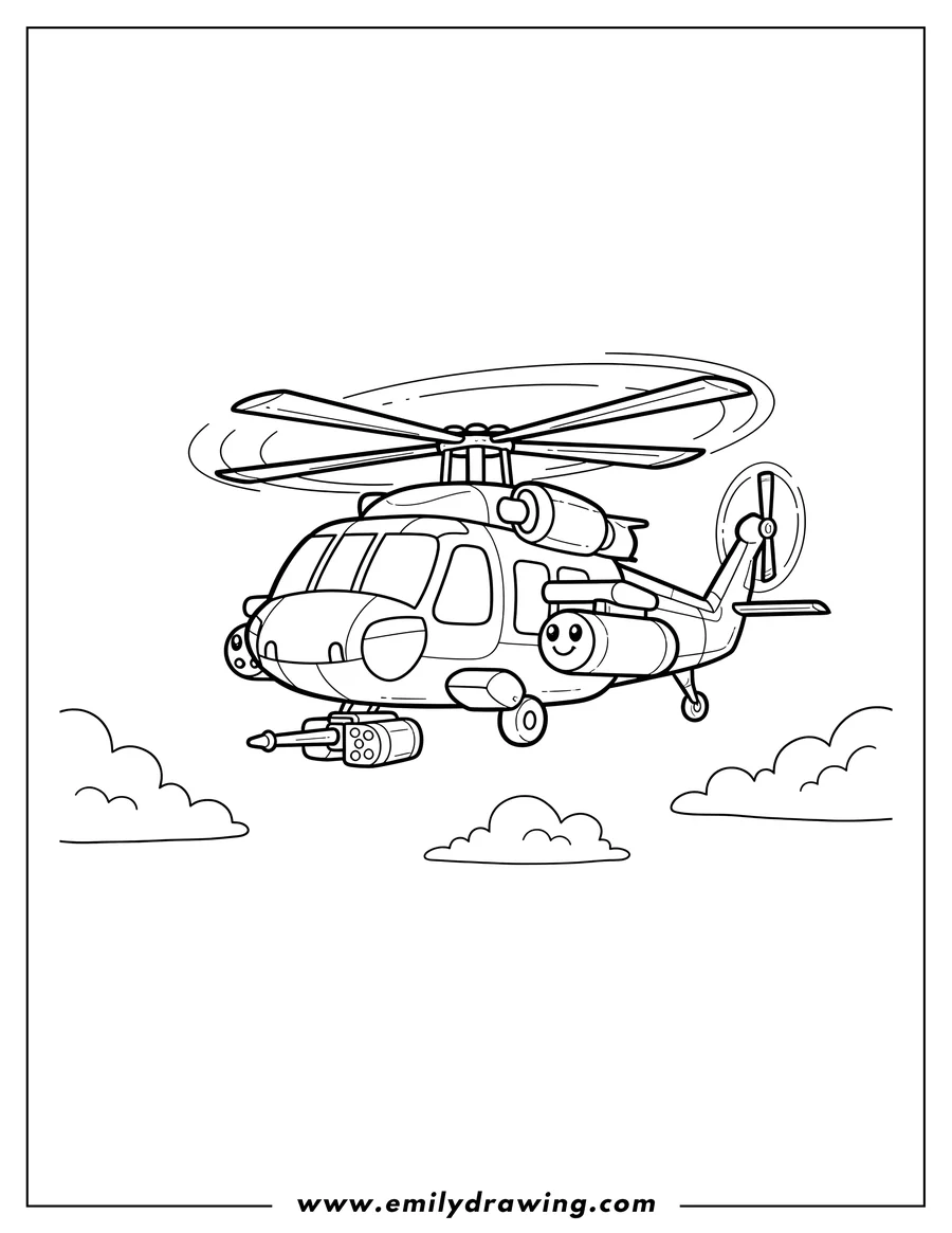 Outline drawing of black Hawk Helicopter Scaled, flying, with mounted equipment
