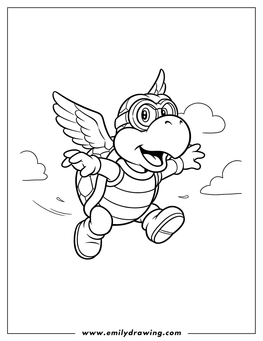 Black and white line art of flying Koopa Paratroopa