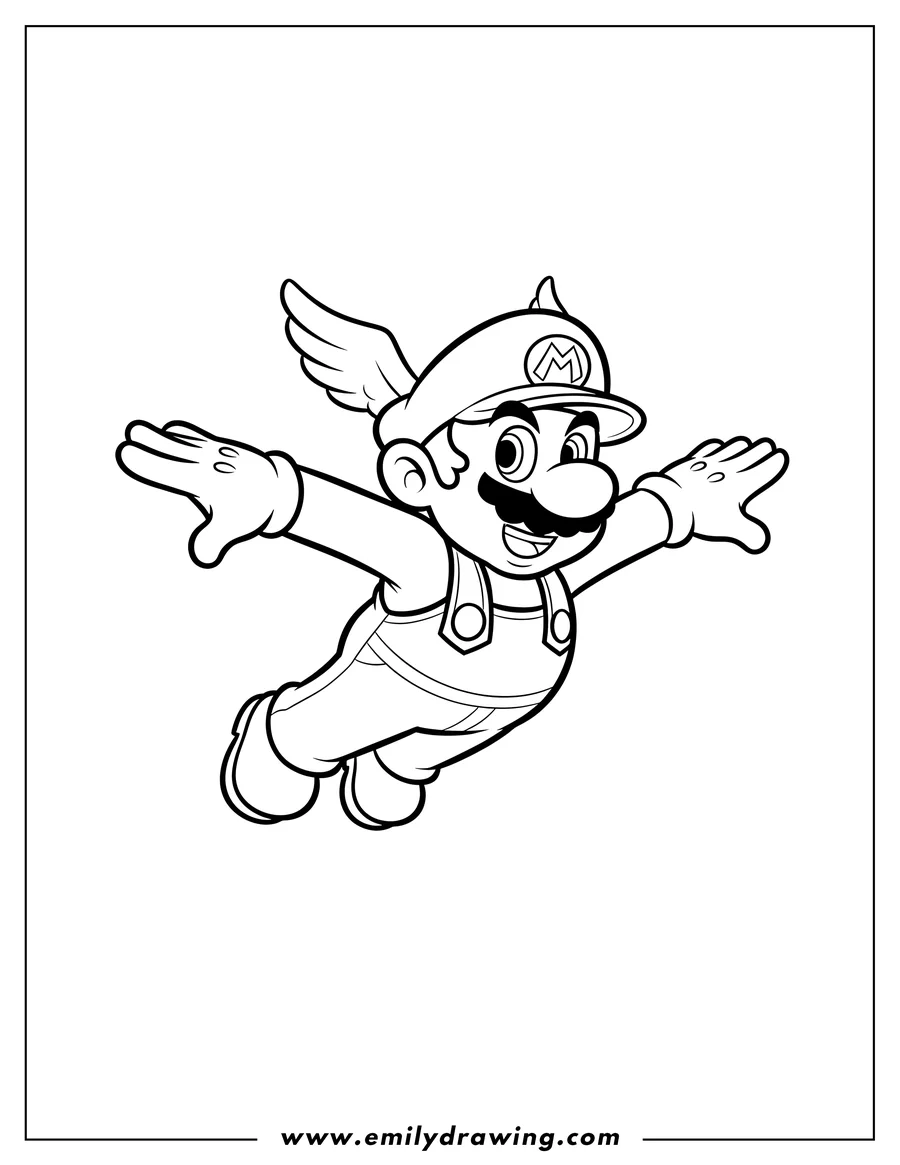 Outline drawing of easy Flying Mario Scaled, with a winged cap and outstretched arms