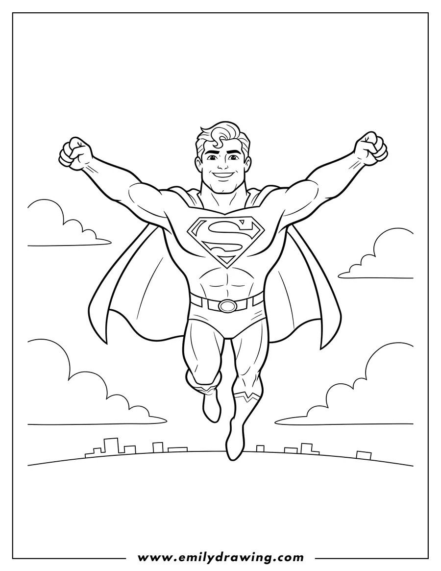 PDF style coloring page: flying Superman Scaled, smiling with outstretched arms