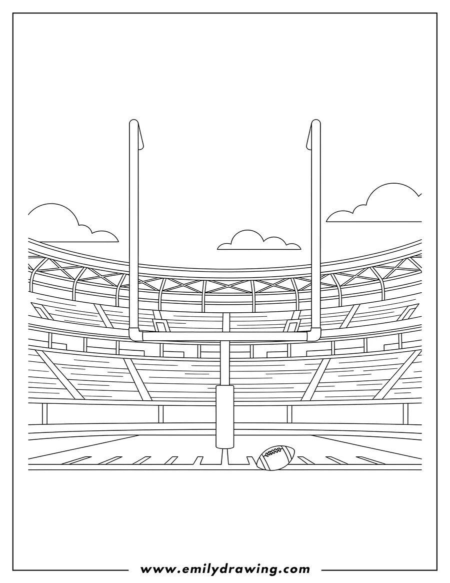 High quality printable football Goal Post To Color, in a stadium with visible stands for coloring
