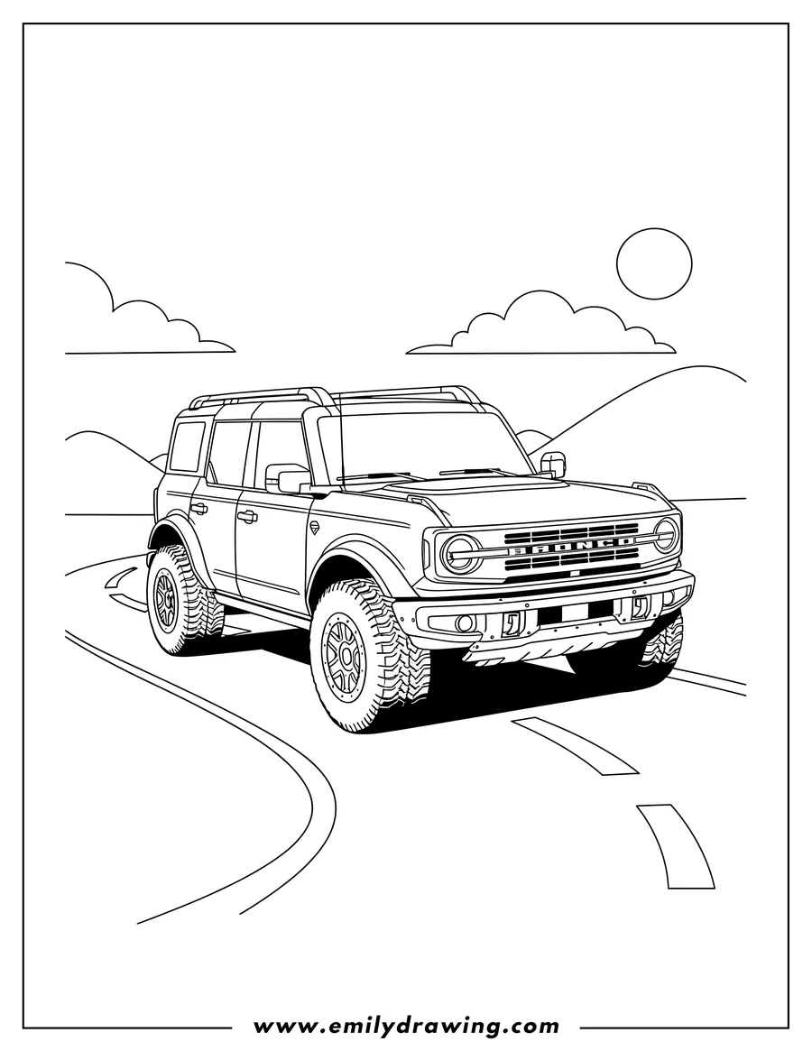 Linear illustration of ford Bronco Suv, modern, driving on road
