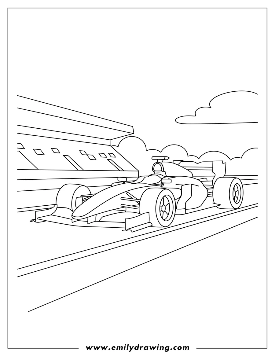 Linear illustration of formula 1 Race Car on a race track To Color Scaled