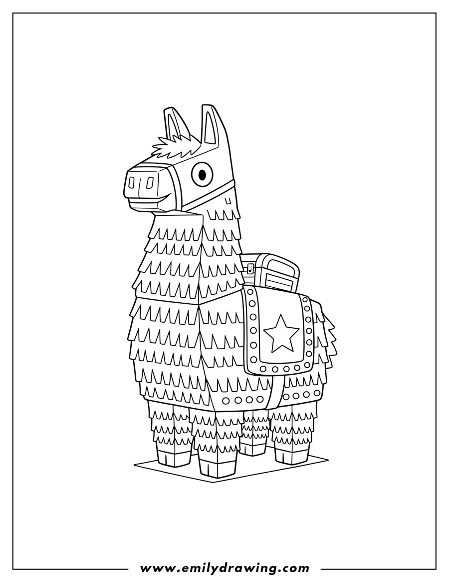 Vector style outline of fortnite Llama 1 Scaled, a pinata llama standing with a saddle