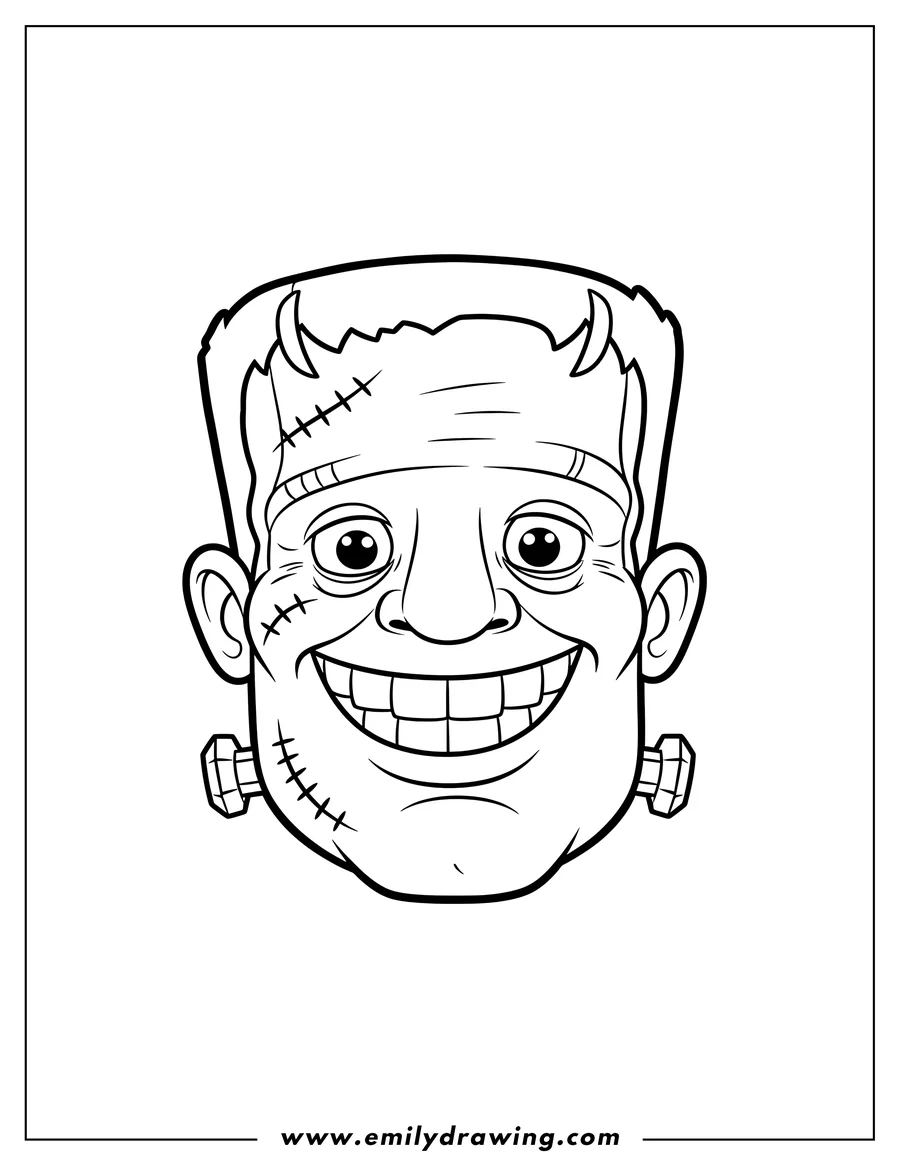 High quality printable smiling Frankenstein face with stitches and neck bolts for coloring