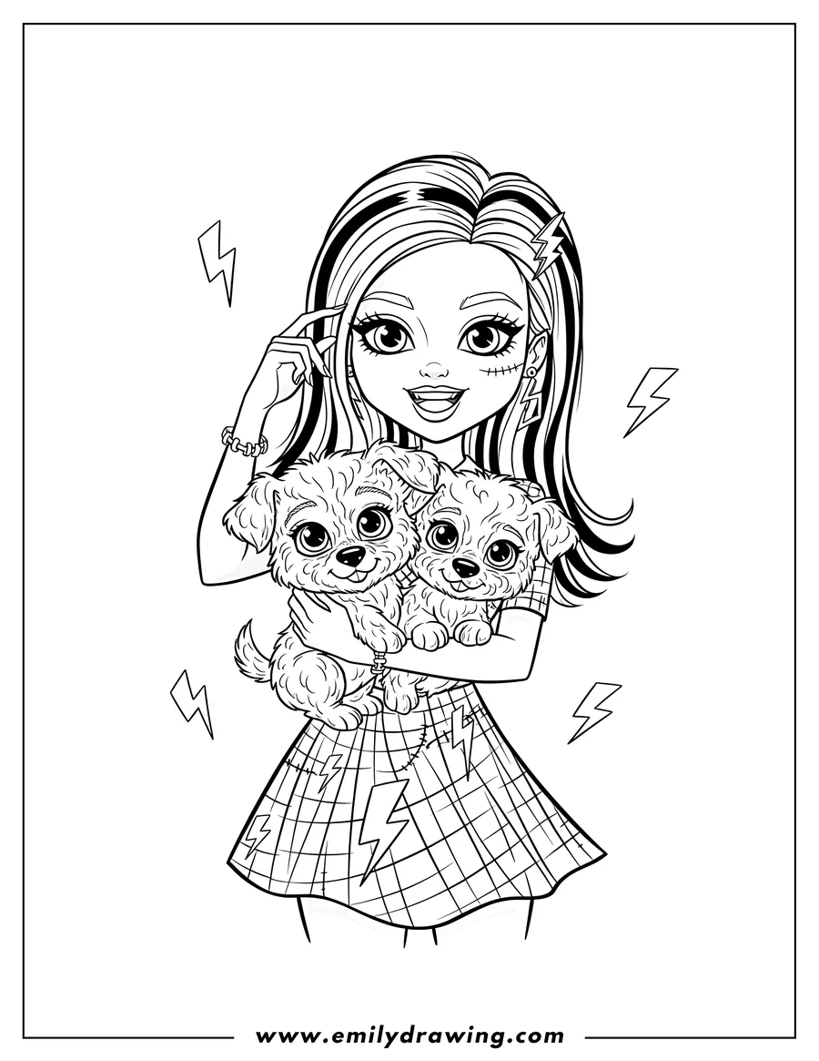 Vector style outline of frankie Stein smiling, holding a small dog, with her hand touching her hair