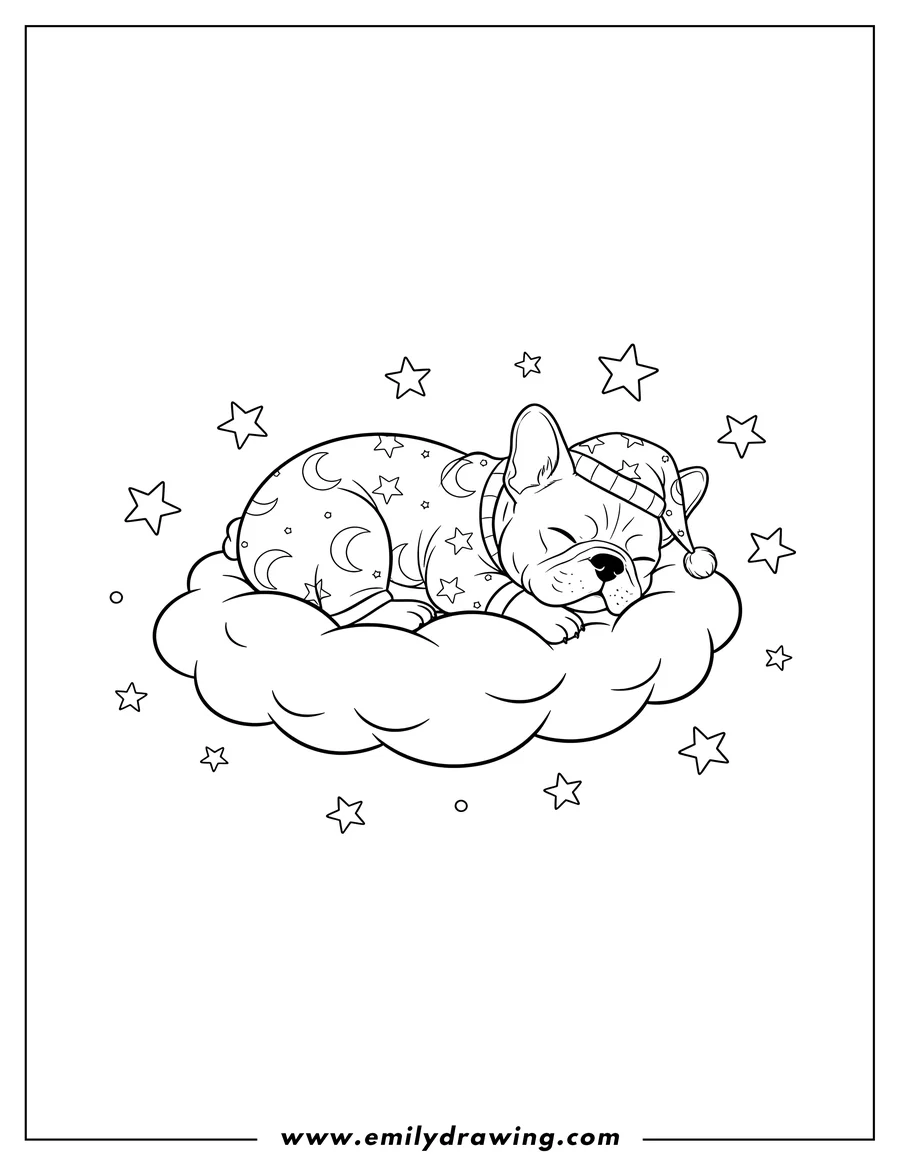 Simple sketch of french Bulldog Sleeping in Pajamas on a Cloud with closed eyes and stars to color