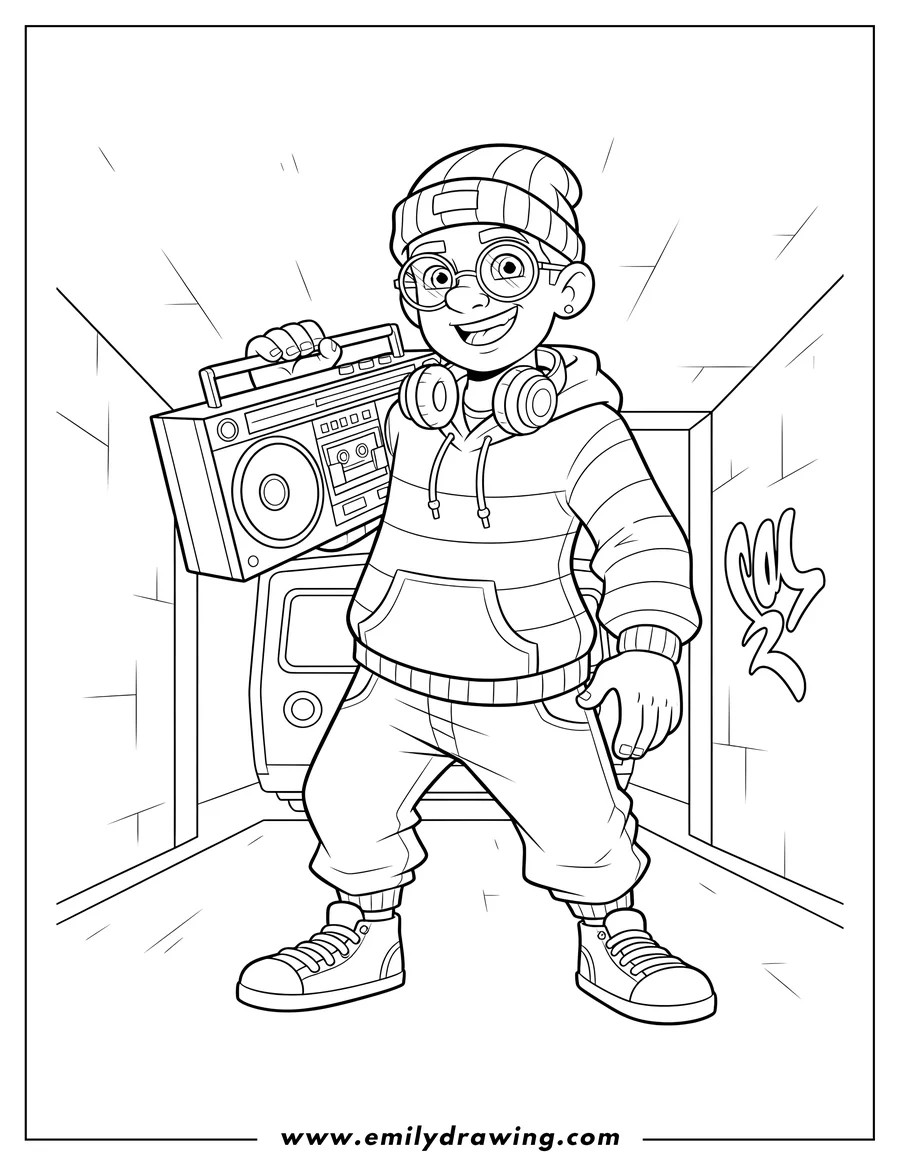 Black and white line art of subway Surfer Fresh wearing glasses and smiling, carrying a stereo