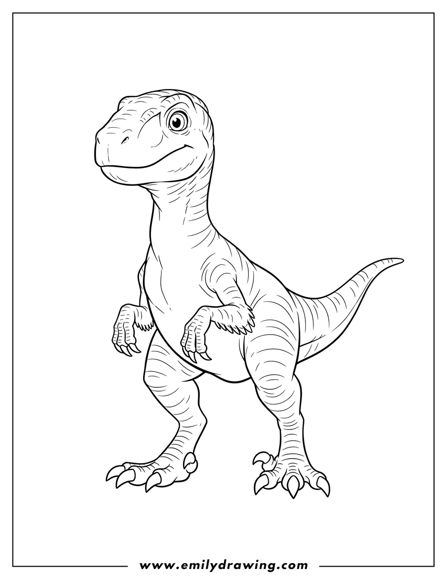 Full page coloring image of simple, friendly, standing Velociraptor Dinosaur To Color Scaled