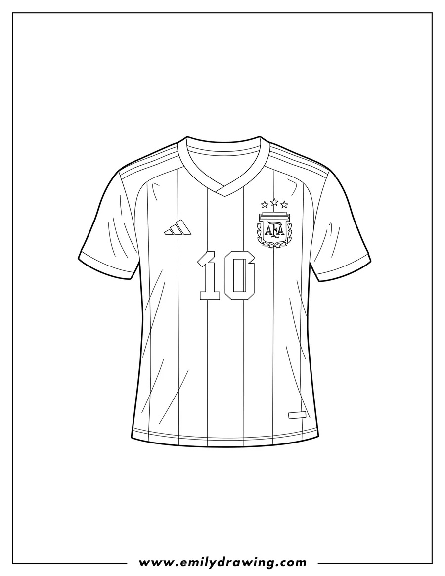 Simple sketch of front Lionel Messi S Jersey with number 10, Argentina team crest, and World Cup winner's badge to color