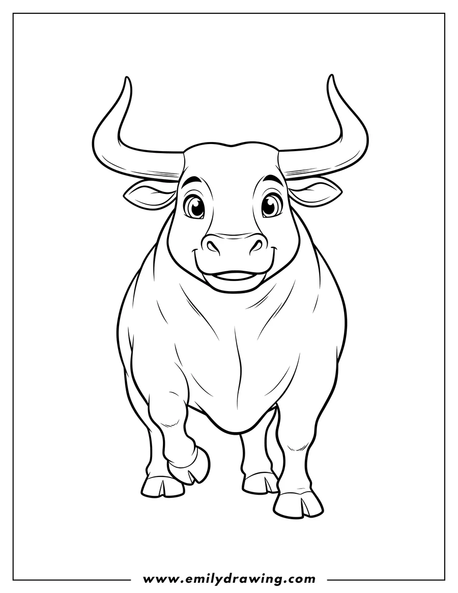 Free to print drawing of front View Big Bull with horns, stepping forward