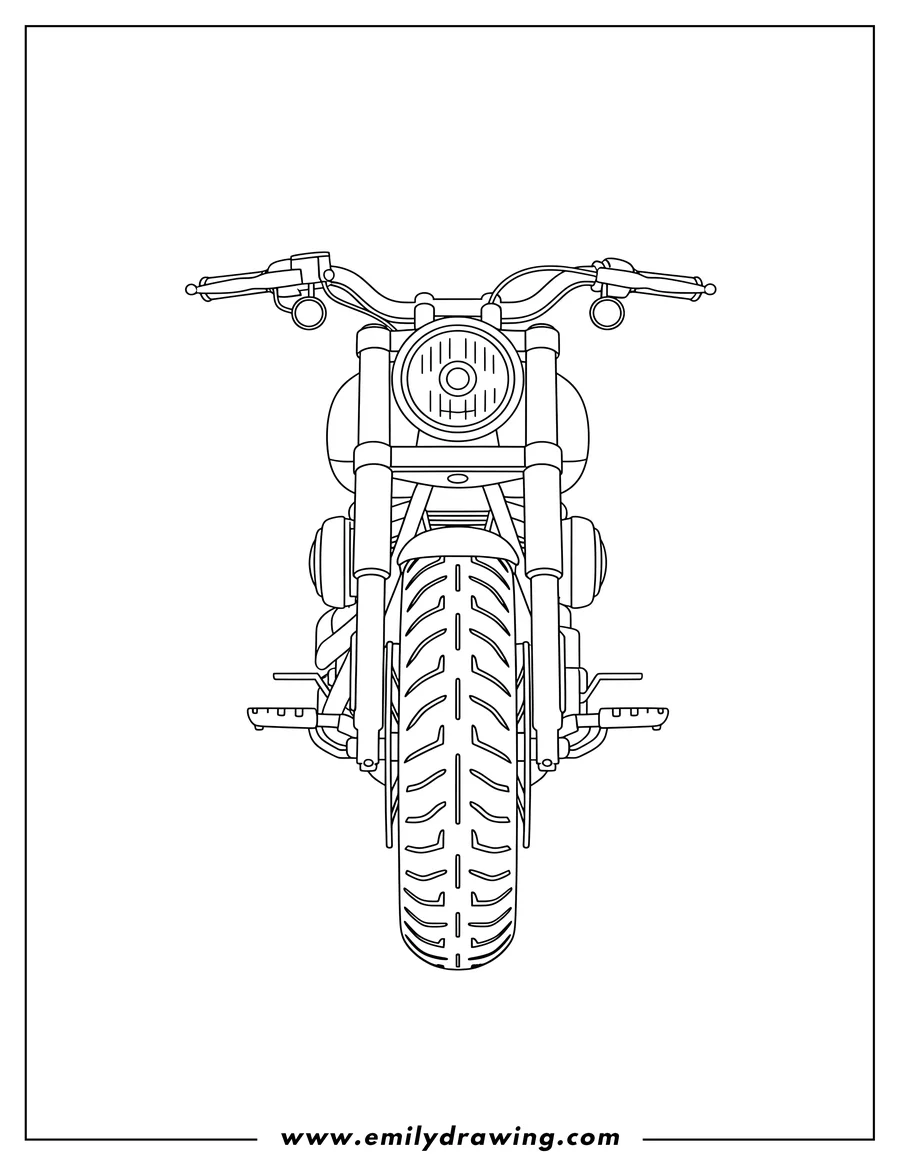 Full page coloring image of front View Harley Davidson Motorcycle, outline drawing, with headlight and detailed tire tread