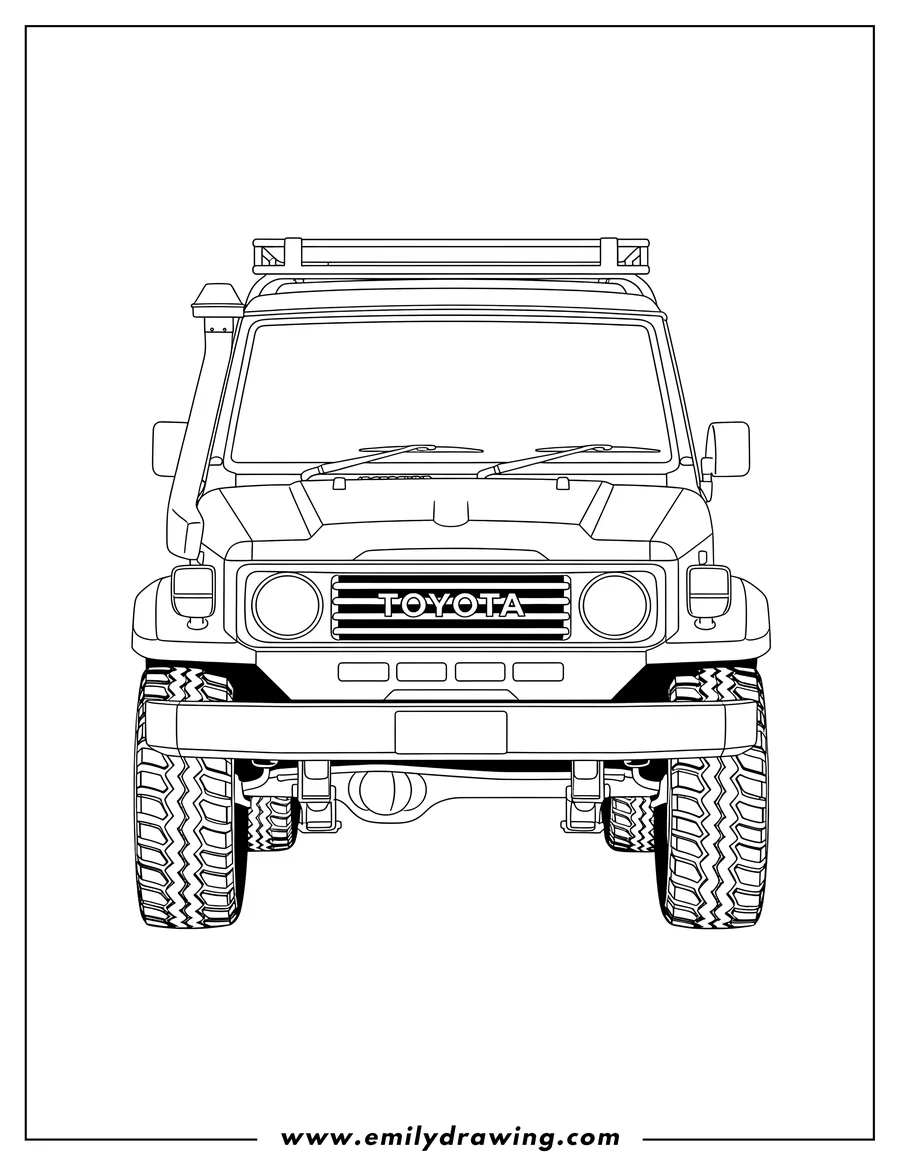 Doodle style coloring picture of simple Front View Toyota Land Cruiser with snorkel