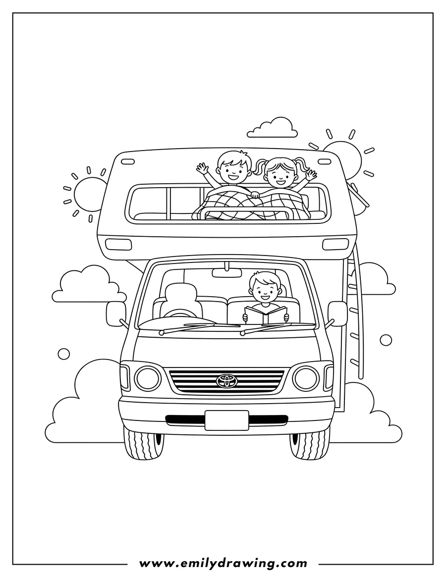 Full page coloring image of front View Toyota Motorhome Bunk Bed, cab-over style