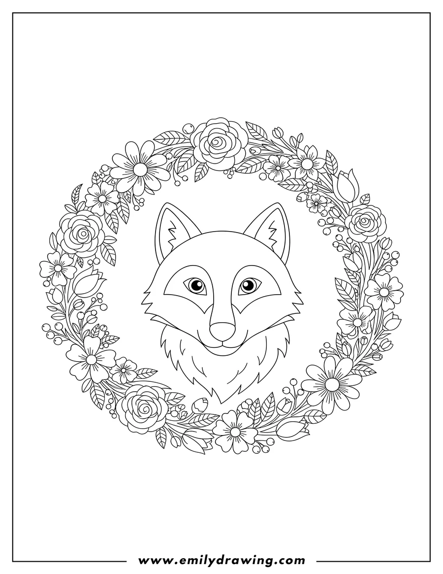 Full page coloring image of simple frontal wolf head outline with flowers forming a circular border