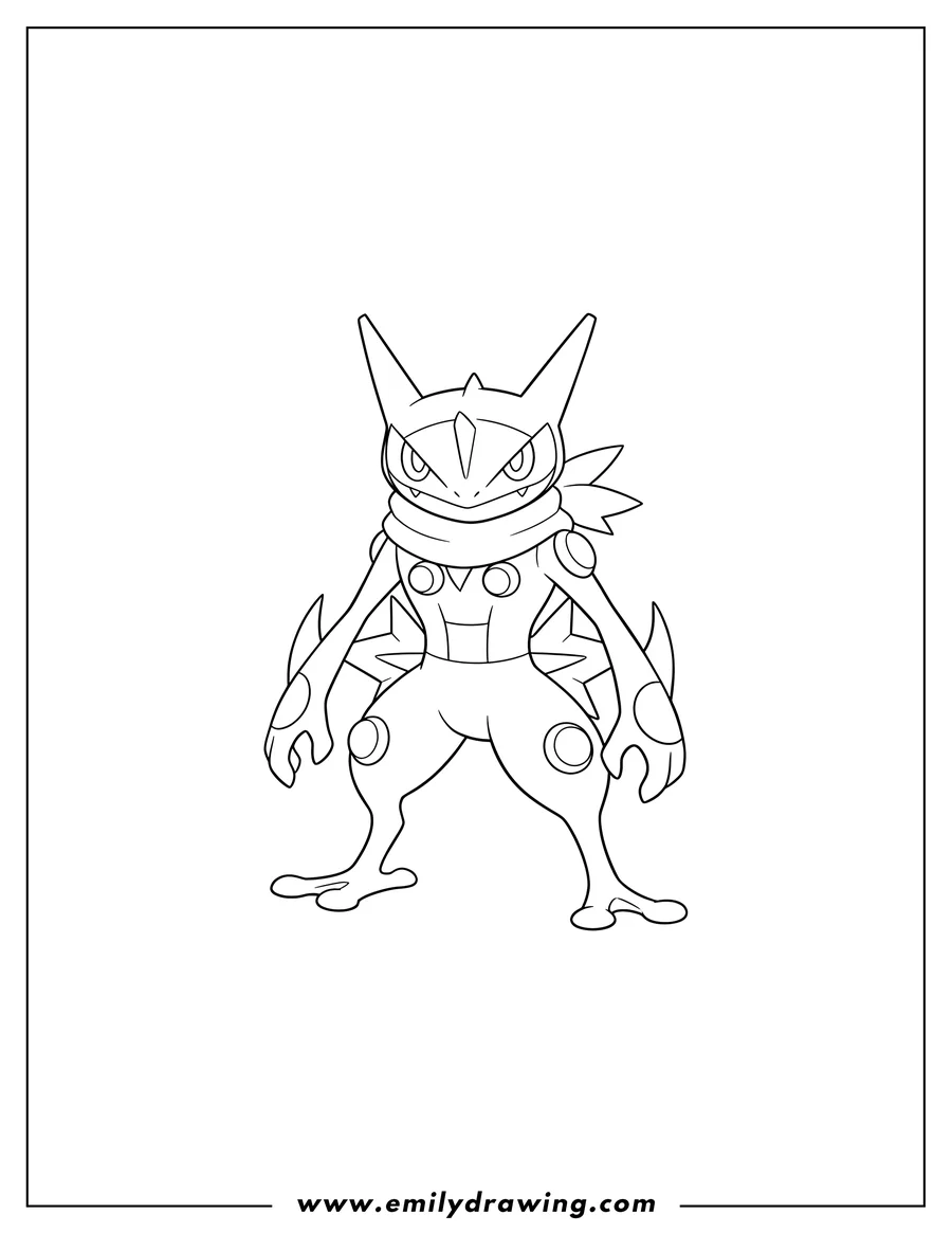 Coloring sheet featuring full Body Greninja Outline, standing and facing forward