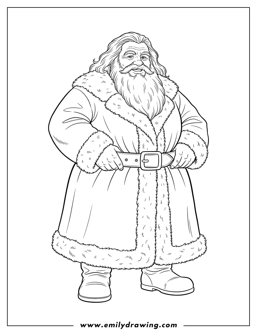 Outline drawing of full Body Rubeus Hagrid holding his belt and wearing his fur-trimmed coat
