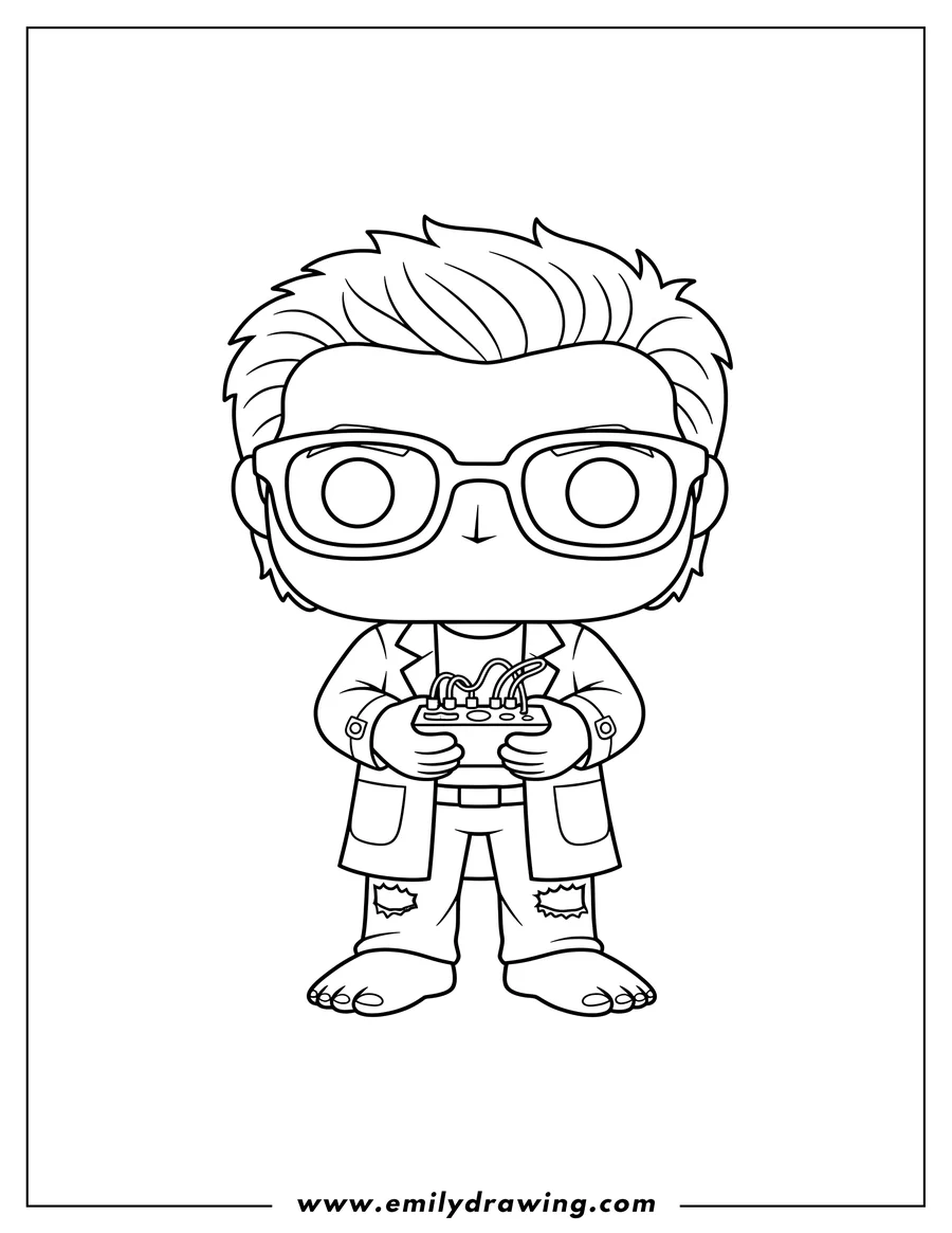 Linear illustration of funko Pop Bruce Banner wearing glasses, holding a small device, with bare feet