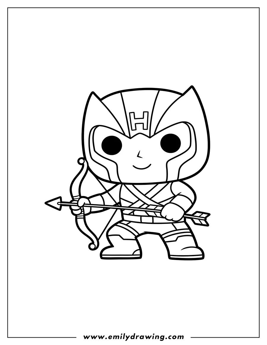 Coloring page of simple Funko Pop Hawkeye Preschoolers, crouching and holding a bow and arrow