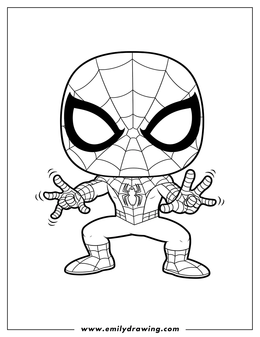 Clean line drawing: funko Pop Spider-Man ready to shoot webs