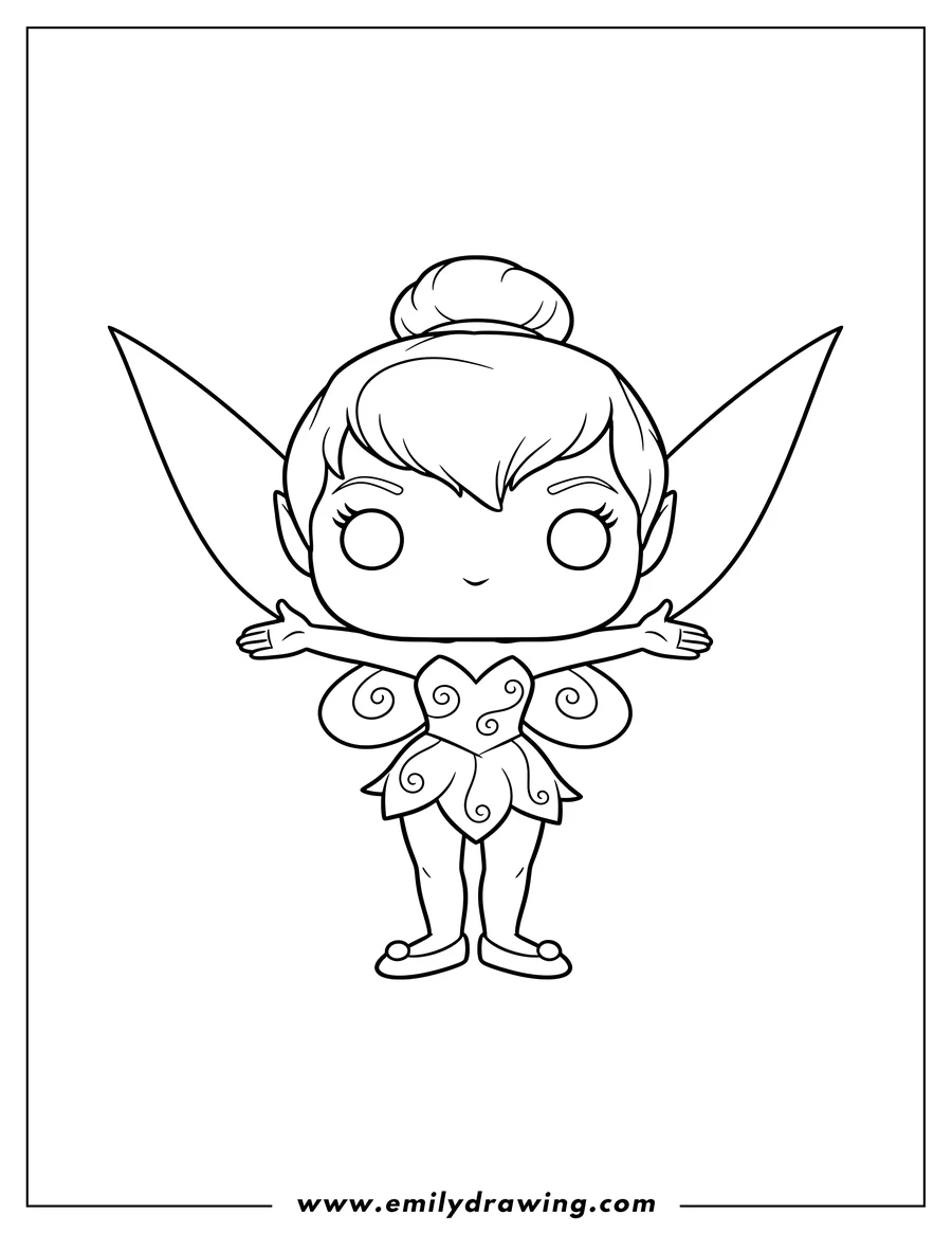 Doodle style coloring picture of funko Pop Tinker Bell standing with arms out