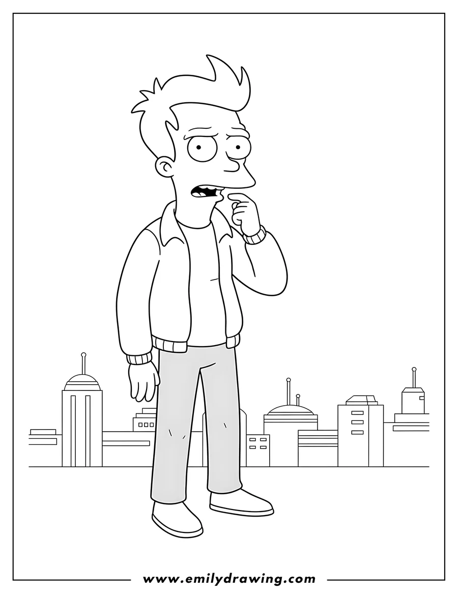 Free printable coloring sheet of futurama Fry with a skeptical expression