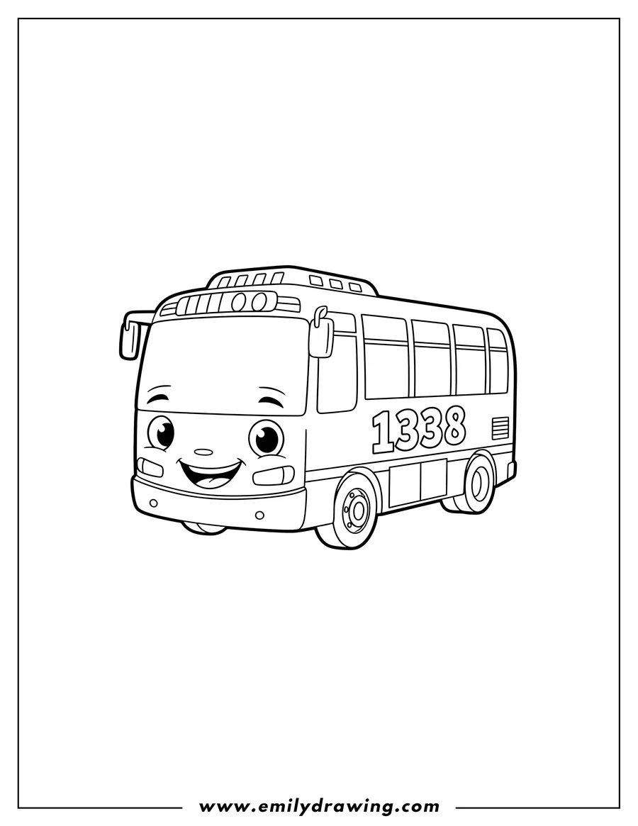 Doodle style coloring picture of simple Gani bus outline, smiling, with number 1338