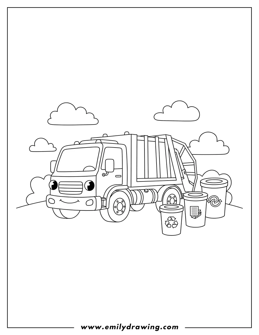 Simple sketch of A simple garbage truck parked in front of three recycling bins with recycling symbols to color