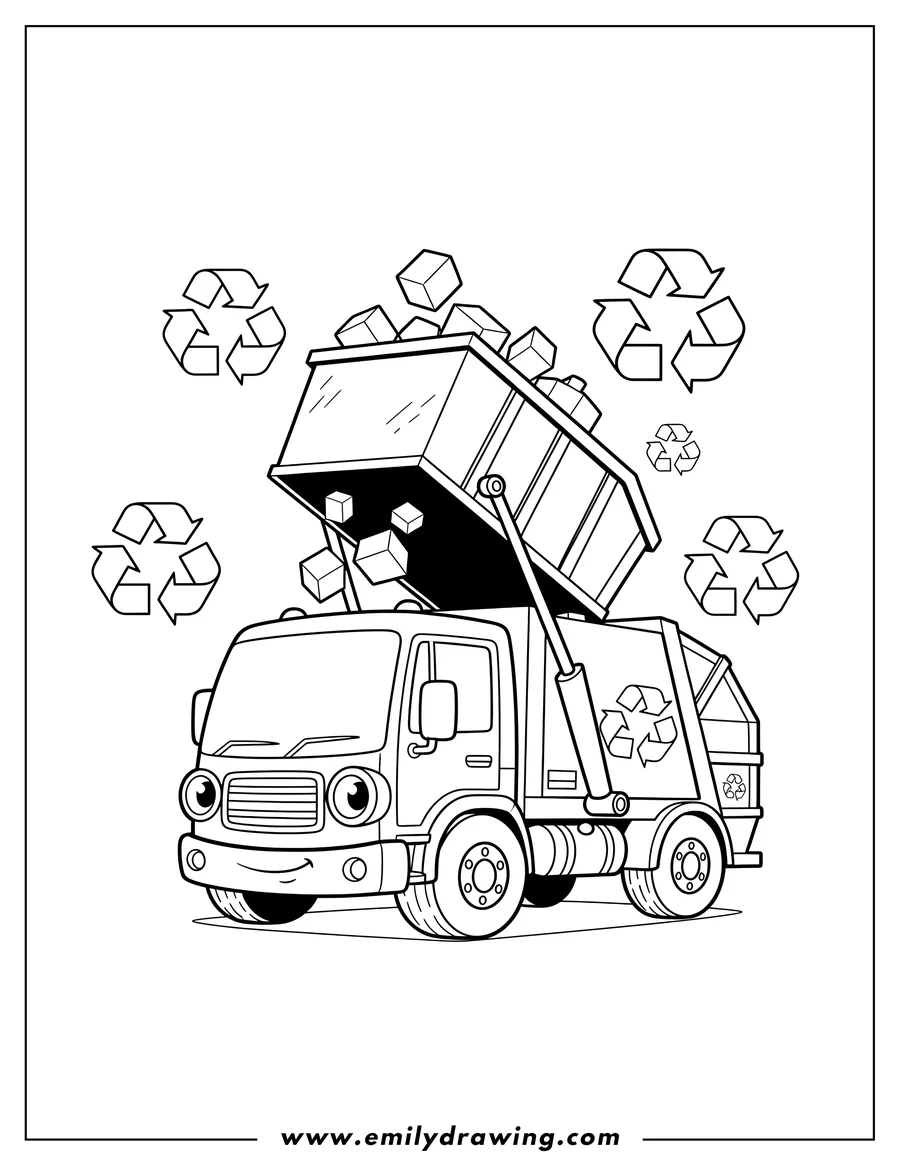 Printable line art of garbage truck with a front-loader lifting a dumpster, surrounded by recycling symbols