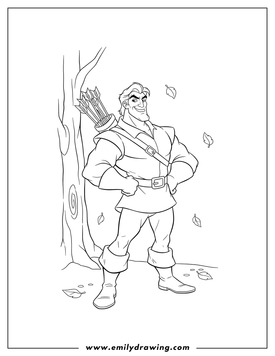 Doodle style coloring picture of gaston, the Disney Villain, proudly flexing his bicep, with arrows on his back