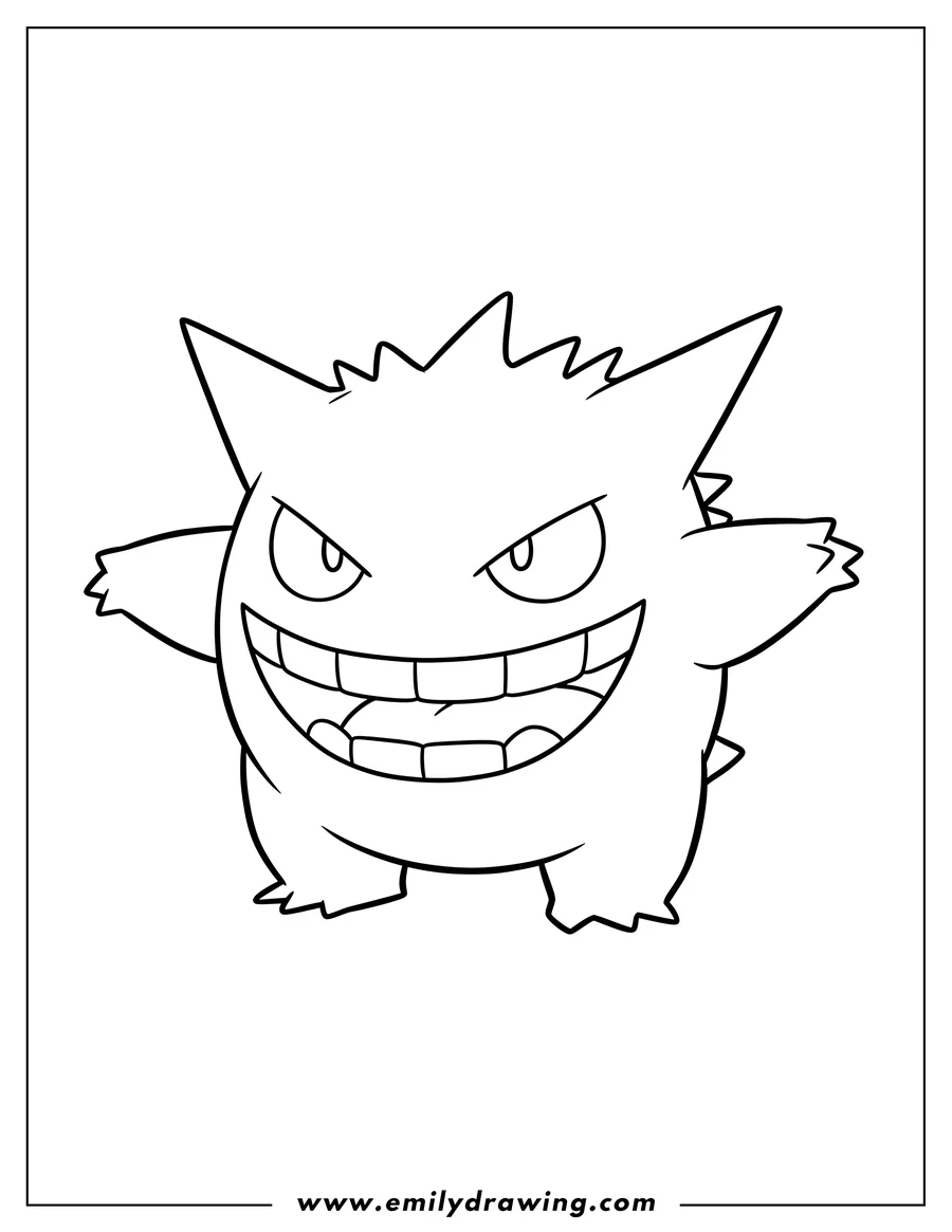 High quality printable simple Gengar Preschoolers with a wide mischievous grin and arms outstretched for coloring