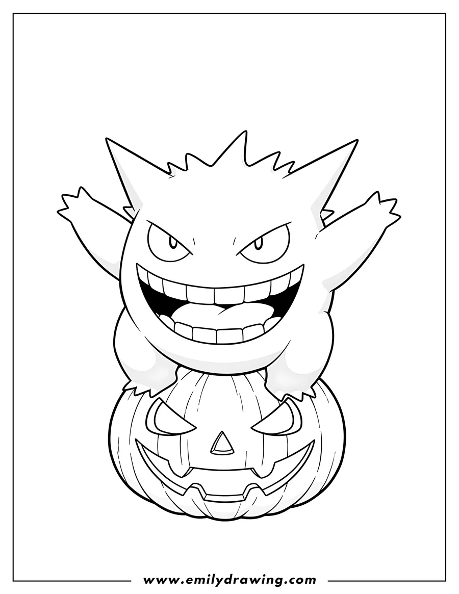Coloring page of gengar with a wide grin and raised arms sitting on a spooky Jack O Lantern