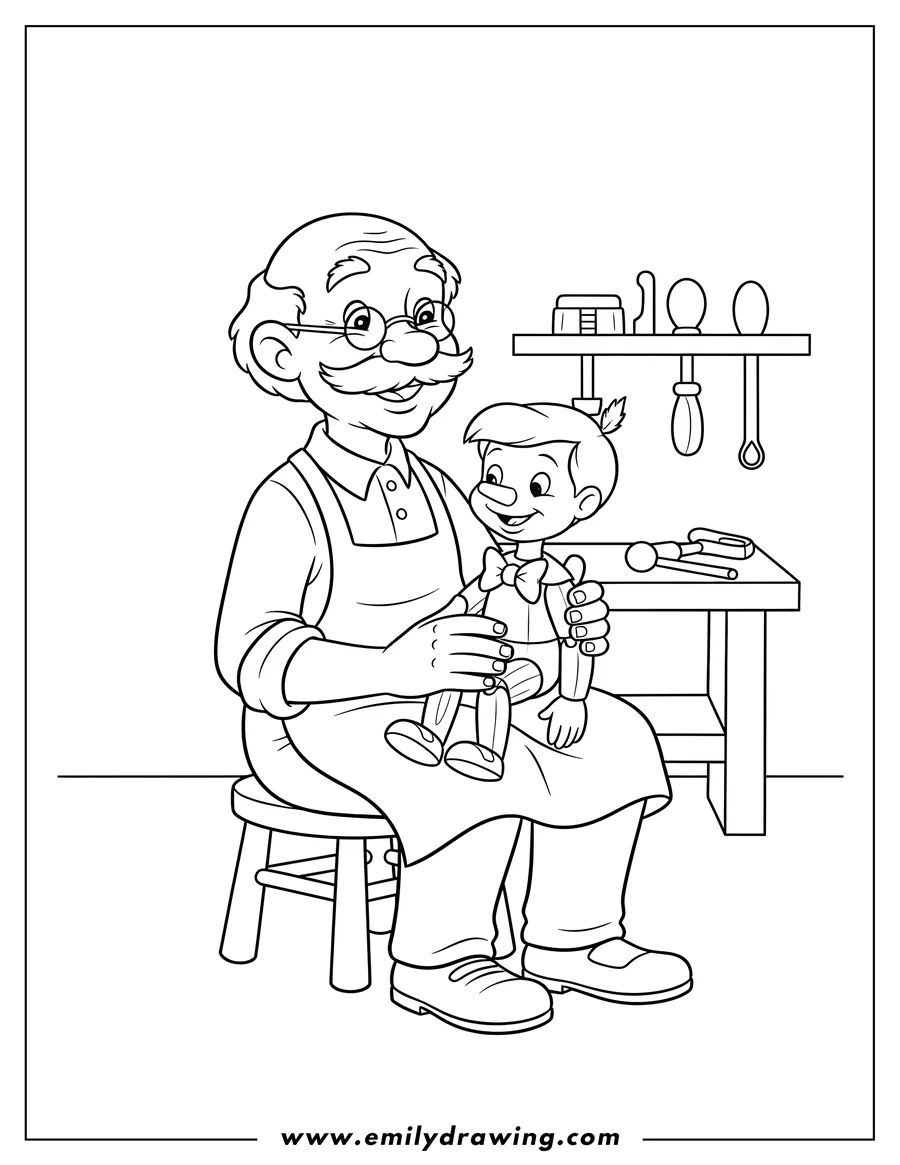 Vector style outline of simple Geppetto with a mustache and glasses, holding Pinocchio with a bow tie on his lap