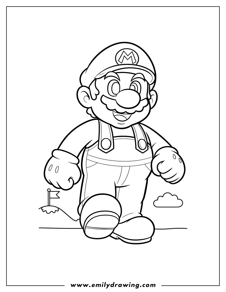 Downloadable coloring page of giant Mario Scaled, walking in his classic cap and overalls