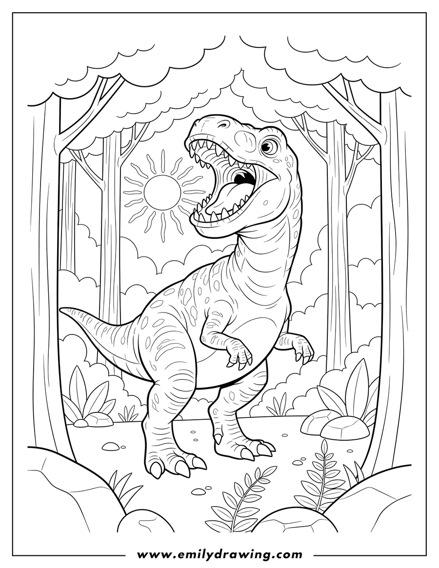 Coloring page of gigantosaurus roaring while roaming in a forest