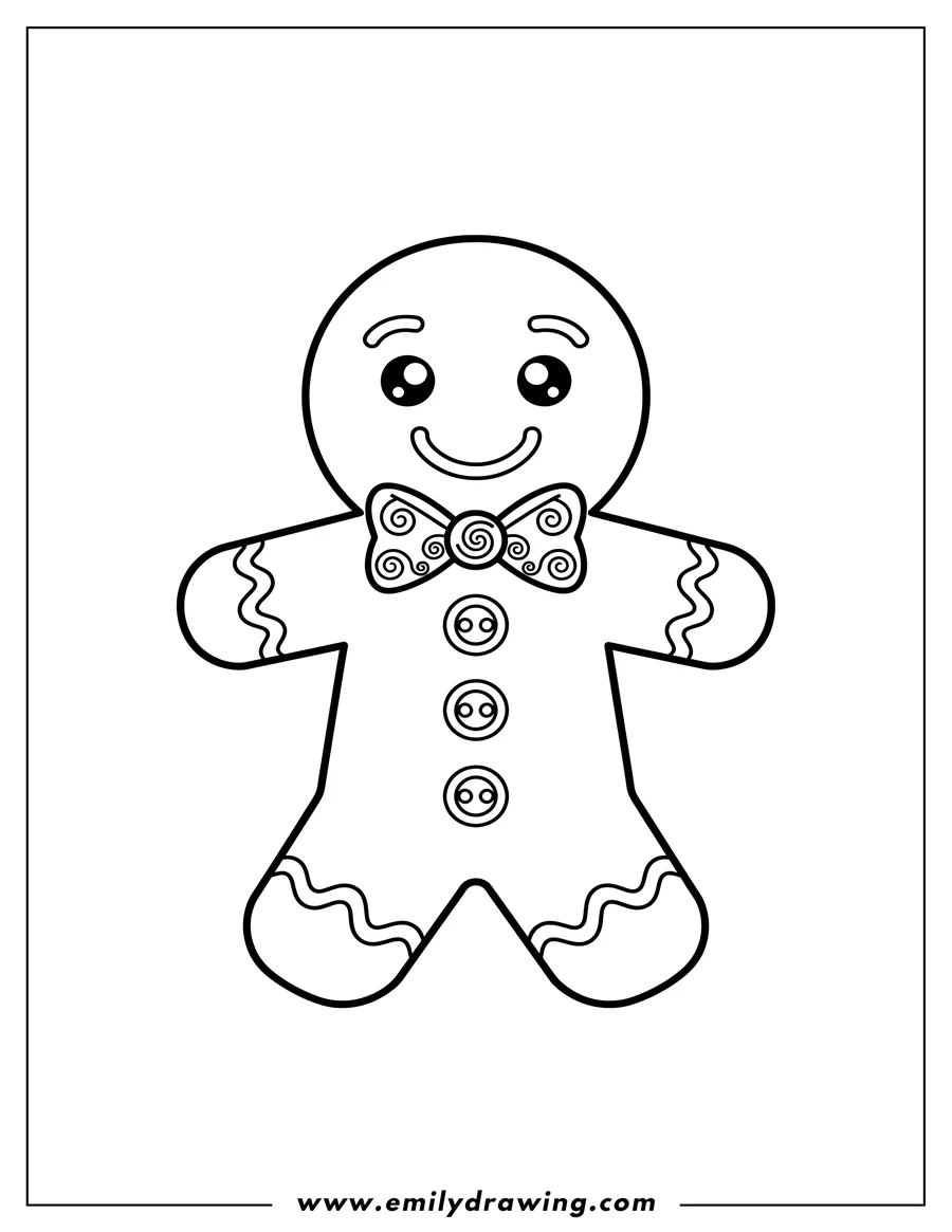 Simple sketch of simple Gingerbread Man Scaled, with a cute face, a bow tie, and buttons to color