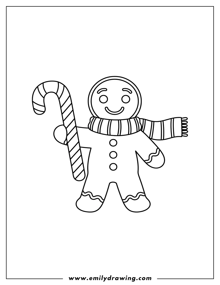 Printable coloring page of simple Gingerbread Man wearing a scarf and holding a large striped candy cane