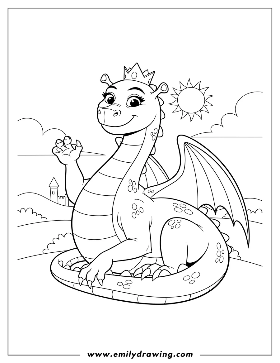 Simple sketch of girl Dragon From Shrek To Color, lying down with a raised claw to color