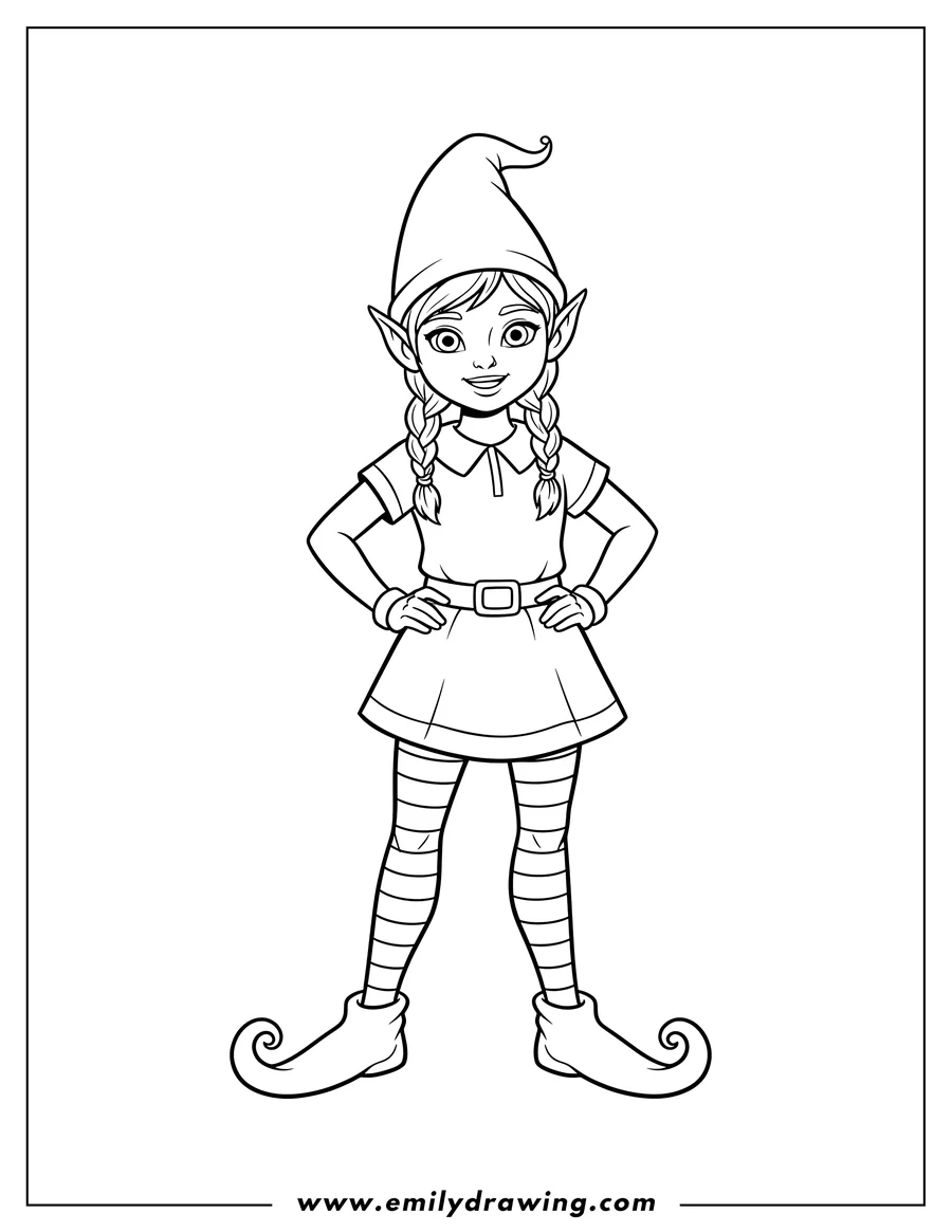 Free to print drawing of girl Elf To Color Scaled, standing with hands on hips and wearing an elf hat and pointy shoes