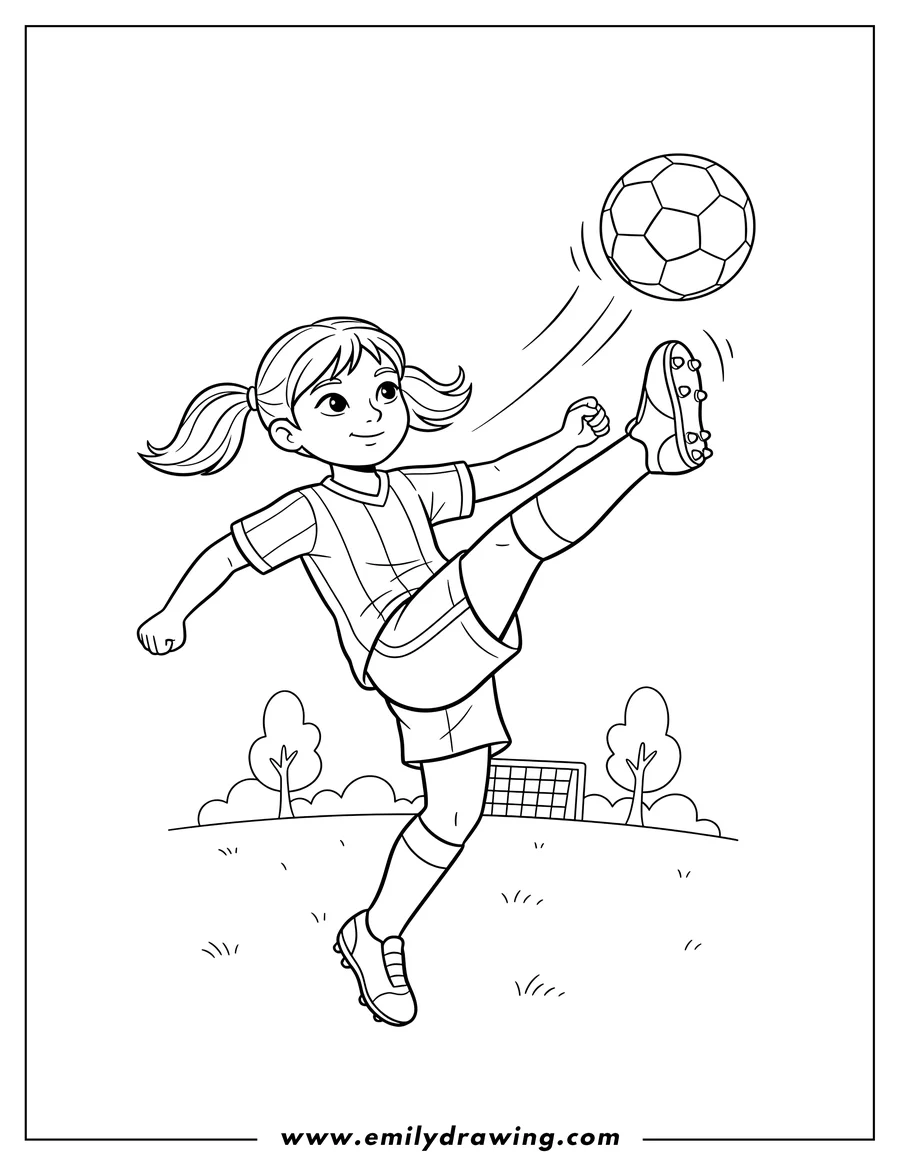 Free to print drawing of girl Soccer Player kicking a ball high in the air